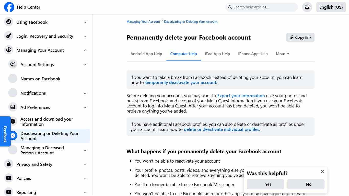 Permanently delete your Facebook account Facebook Help Center